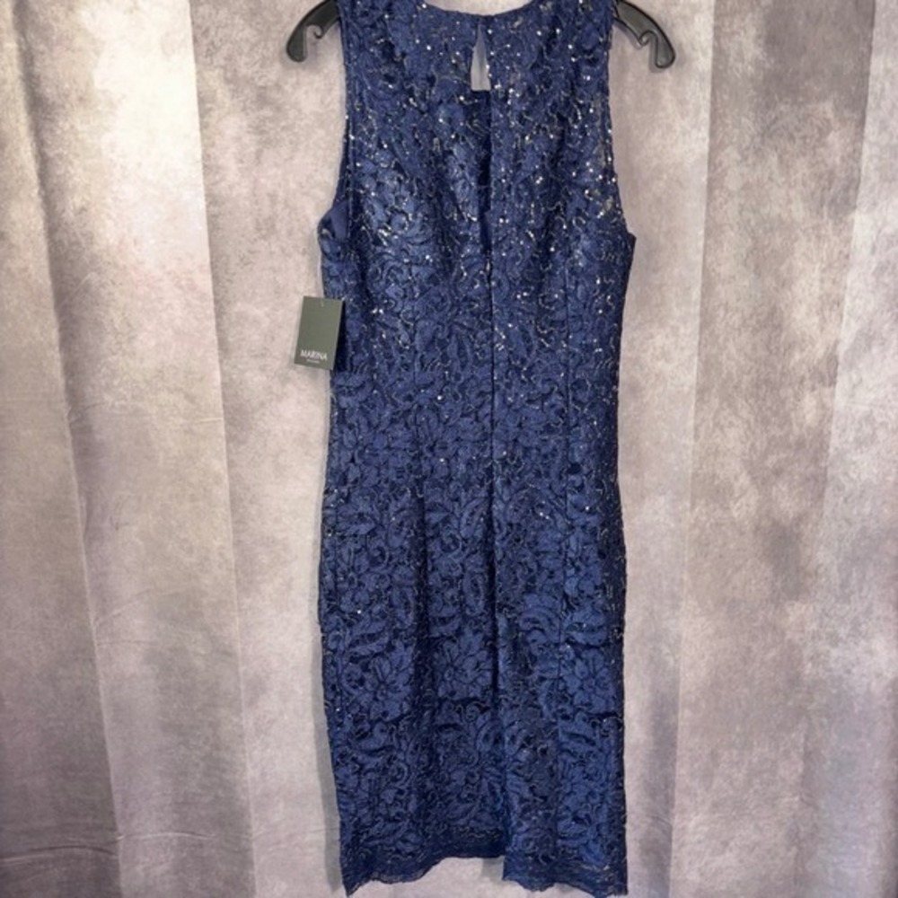 Marina NWT Size 6 Navy Lace Sequins Sleeveless Sheath Cocktail Formal Dress - Picture 7 of 8